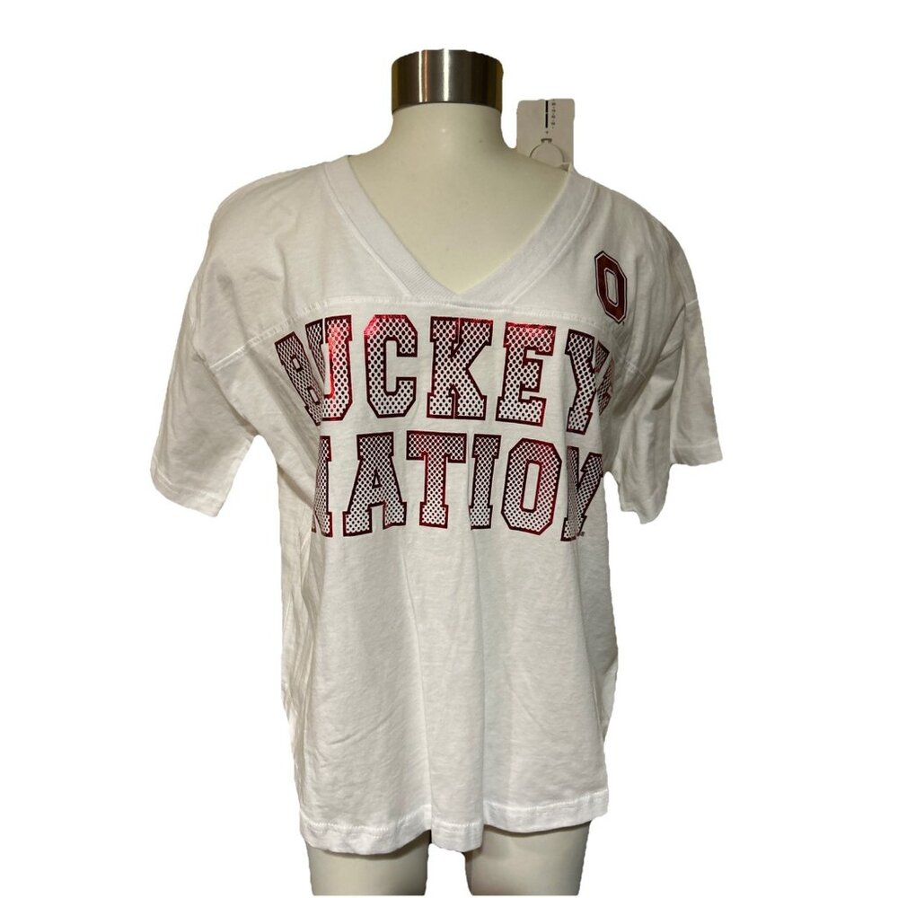 NEW Ohio State Buckeyes Nation Foil Colosseum White V-Neck Oversize Shirt M